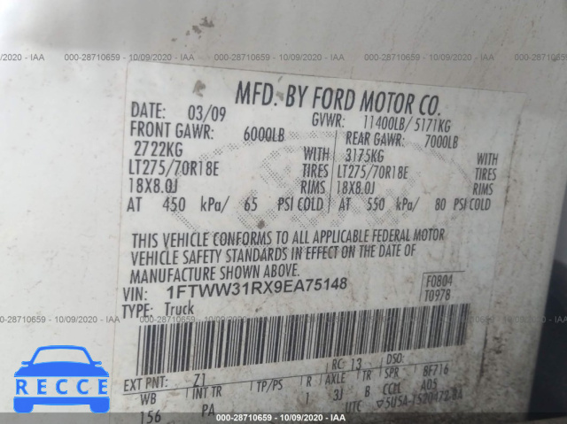 2009 FORD SUPER DUTY F-350 SRW XL/XLT/FX4/CABELAS 1FTWW31RX9EA75148 зображення 8