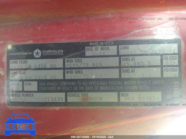1984 DODGE D-SERIES D150 1B7FD14TXES315635 image 8