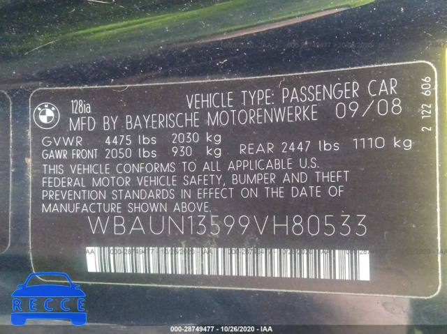 2009 BMW 1 SERIES 128I WBAUN13599VH80533 image 8