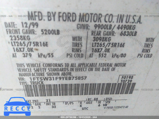 2000 FORD SUPER DUTY F-350 SRW XL/XLT/LARIAT 1FTSW31F9YEB75857 image 8