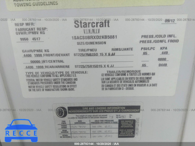2013 STARCRAFT TRAVEL STAR 1SACS0BRXD2KB5081 зображення 8