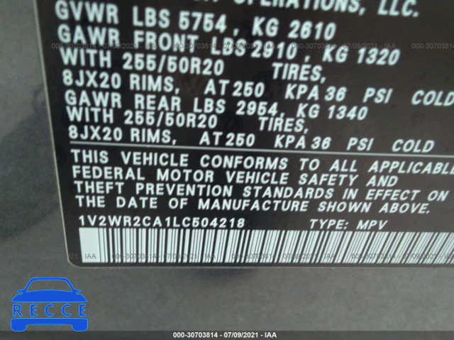 2020 VOLKSWAGEN ATLAS 3.6L V6 SE W/TECHNOLOGY 1V2WR2CA1LC504218 image 8