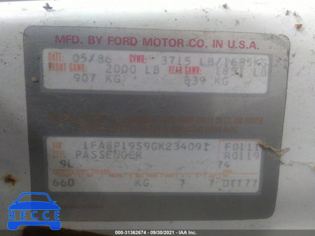 1986 FORD TEMPO GL 1FABP19S9GK234091 image 8