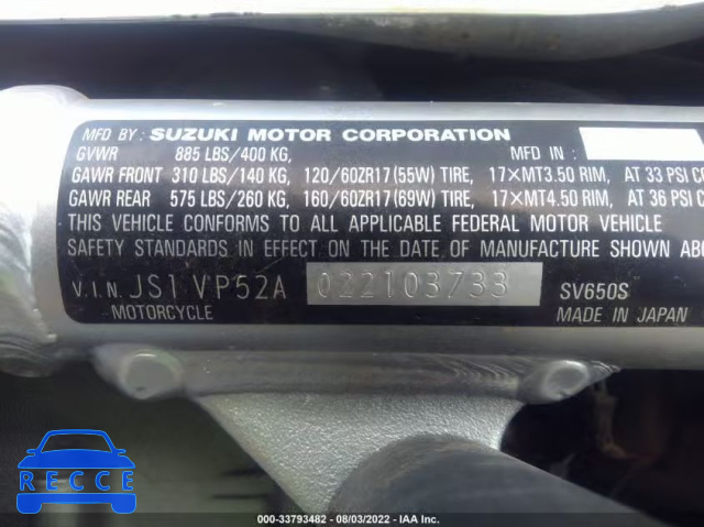 2002 SUZUKI SV650 S JS1VP52A022103733 image 9