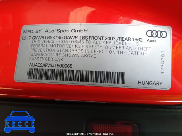 2018 AUDI TT RS WUACSAFV3J1900065 image 8