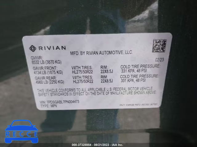 2023 RIVIAN R1S LAUNCH EDITION 7PDSGABL7PN004473 зображення 8