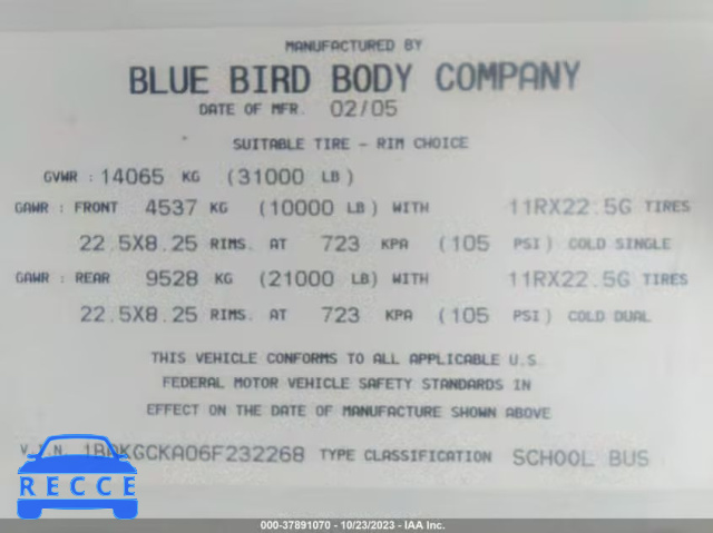 2006 BLUE BIRD SCHOOL BUS 1BAKGCKA06T232268 image 8