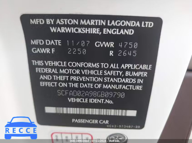 2008 ASTON MARTIN DB9 VOLANTE SCFAD02A98GB09790 image 8
