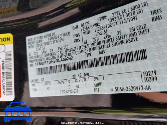 2024 FORD BRONCO BLACK DIAMOND 1FMDE1BH8RLA09242 image 8