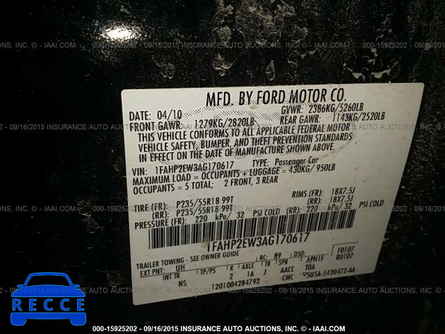 2010 Ford Taurus SEL 1FAHP2EW3AG170617 image 8