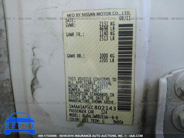 2012 Nissan Maxima S/SV 1N4AA5AP5CC802143 image 8