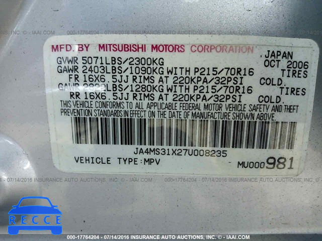 2007 Mitsubishi Outlander ES/LS JA4MS31X27U008235 image 8