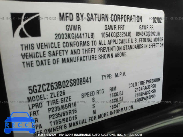 2002 Saturn VUE 5GZCZ63B02S808941 image 8