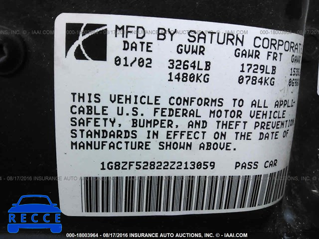 2002 SATURN SL 1G8ZF52822Z213059 image 8