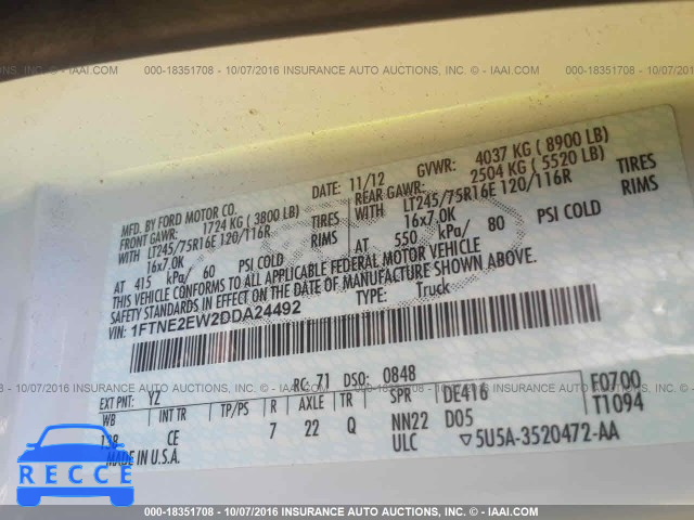 2013 FORD ECONOLINE E250 VAN 1FTNE2EW2DDA24492 Bild 8