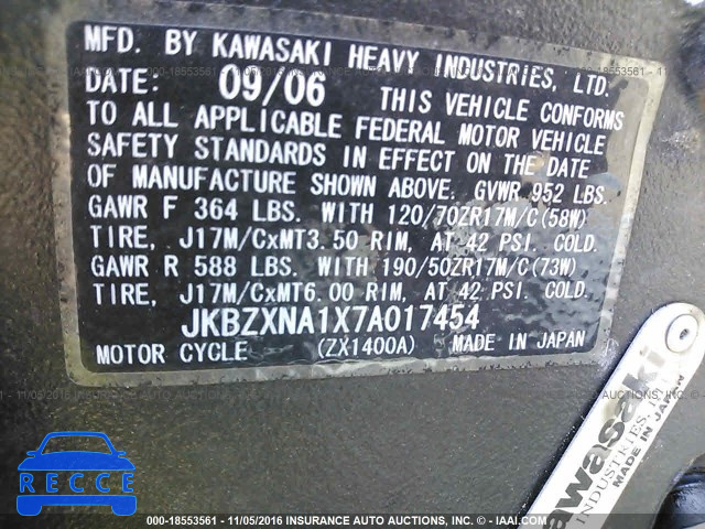 2007 Kawasaki ZX1400 A JKBZXNA1X7A017454 зображення 9