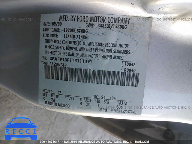 2001 Ford Escort 3FAFP13P11R111491 Bild 8