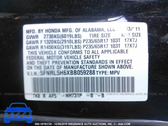2011 Honda Odyssey EXL 5FNRL5H6XBB059288 image 8