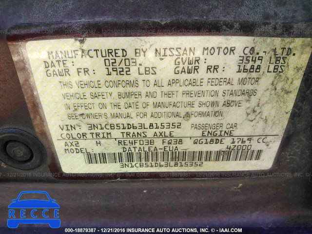 2003 Nissan Sentra 3N1CB51D63L815352 image 8