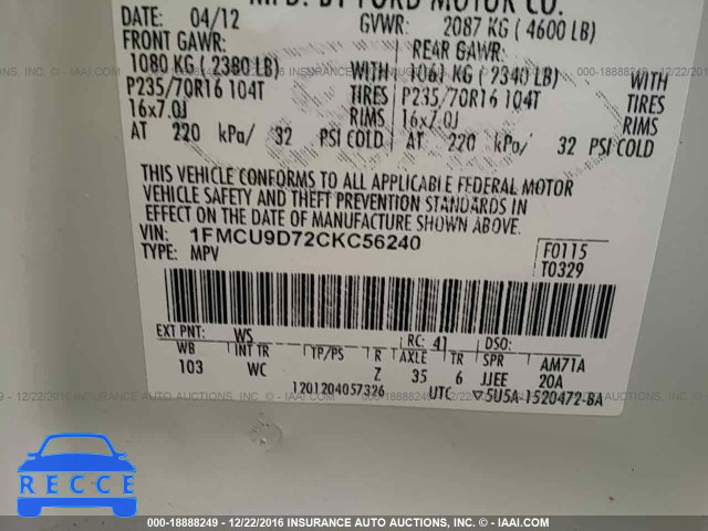 2012 Ford Escape 1FMCU9D72CKC56240 image 8