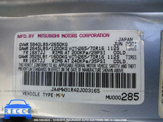 2002 MITSUBISHI MONTERO XLS JA4MW31R42J003165 image 8