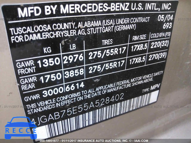 2005 Mercedes-benz ML 500 4JGAB75E55A528402 зображення 8