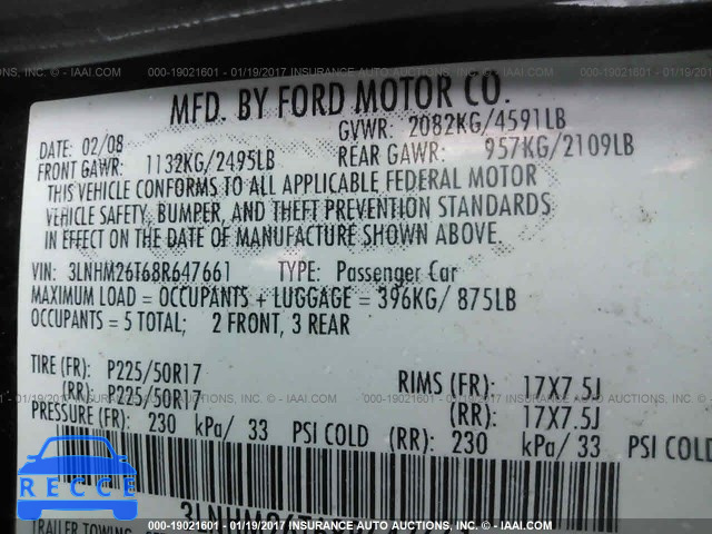 2008 Lincoln MKZ 3LNHM26T68R647661 Bild 8