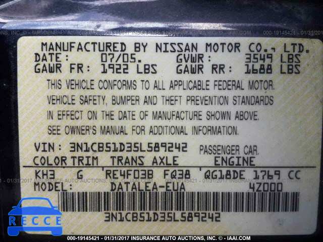 2005 Nissan Sentra 3N1CB51D35L589242 image 8