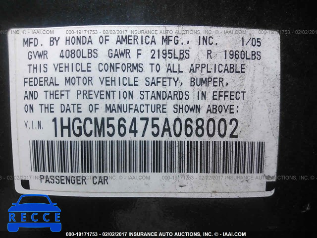 2005 Honda Accord 1HGCM56475A068002 image 8
