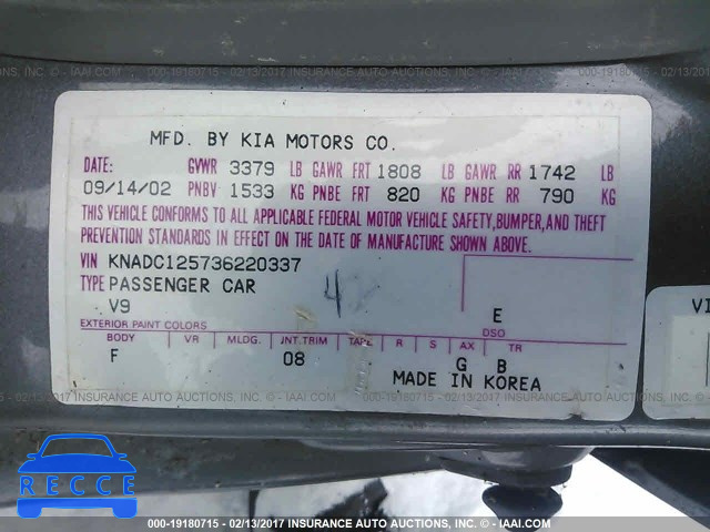 2003 KIA RIO KNADC125736220337 image 8