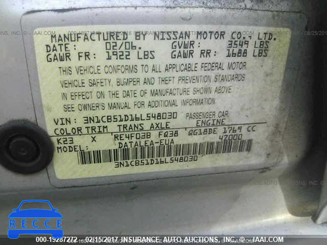 2006 Nissan Sentra 3N1CB51D16L548030 image 8
