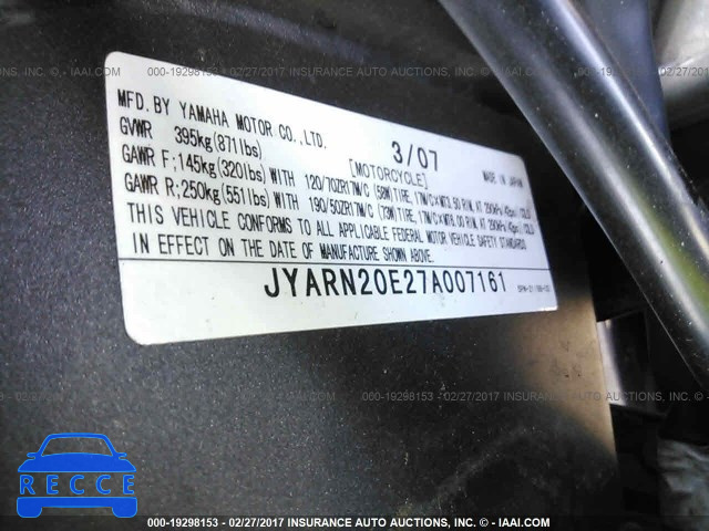 2007 Yamaha YZFR1 JYARN20E27A007161 image 9