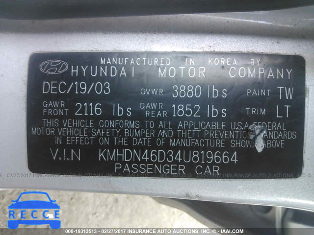 2004 Hyundai Elantra KMHDN46D34U819664 image 8