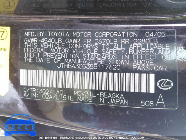 2005 Lexus ES 330 JTHBA30G355117620 image 8