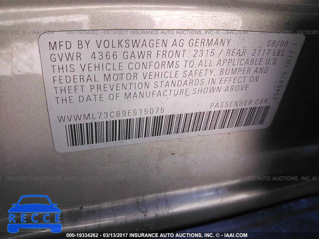 2009 Volkswagen CC SPORT WVWML73C89E515075 зображення 8