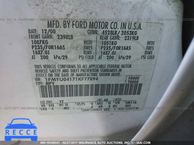 2001 FORD ESCAPE XLT 1FMYU04171KF77894 image 8