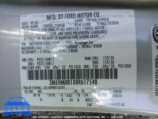 2008 Mercury Milan PREMIER 3MEHM081X8R617548 зображення 8