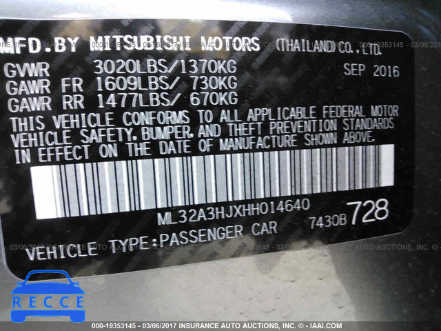 2017 MITSUBISHI MIRAGE ES ML32A3HJXHH014640 зображення 8