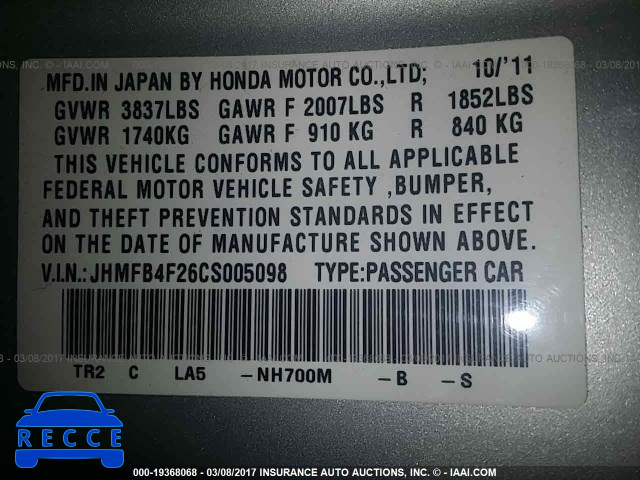2012 Honda Civic JHMFB4F26CS005098 Bild 8