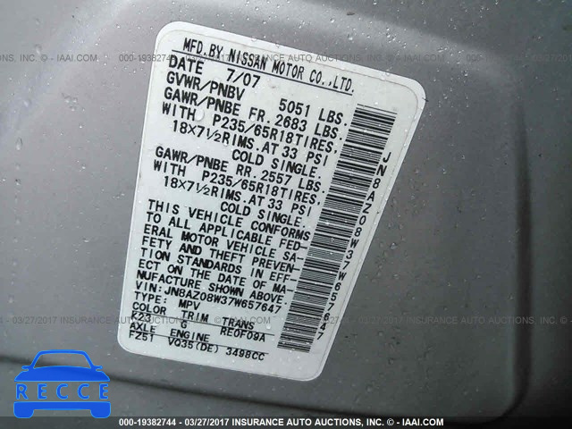 2007 Nissan Murano SL/SE/S JN8AZ08W37W657647 image 8