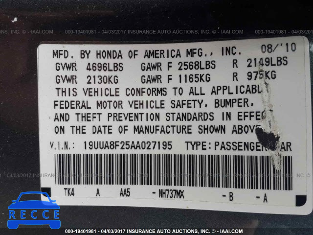 2010 ACURA TL 19UUA8F25AA027195 image 8