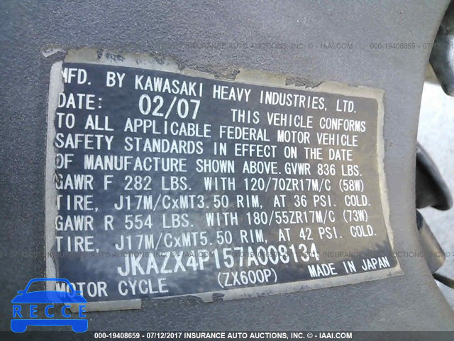 2007 Kawasaki ZX600 P JKAZX4P157A008134 image 9