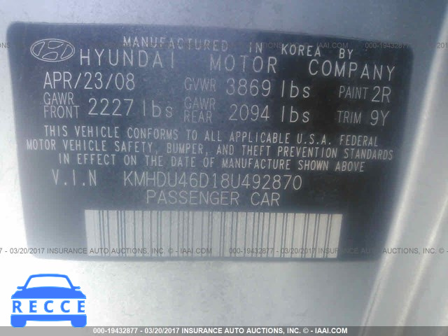 2008 Hyundai Elantra KMHDU46D18U492870 image 8
