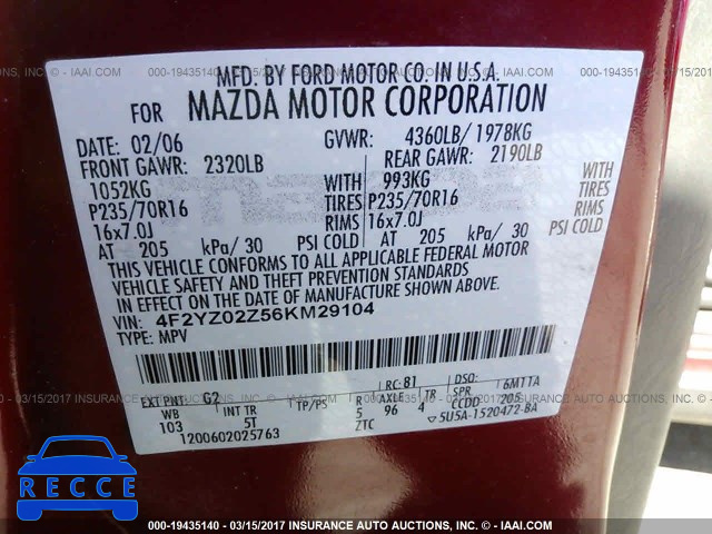 2006 MAZDA TRIBUTE 4F2YZ02Z56KM29104 image 8