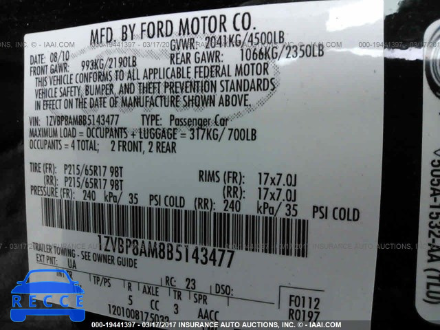 2011 Ford Mustang 1ZVBP8AM8B5143477 зображення 8