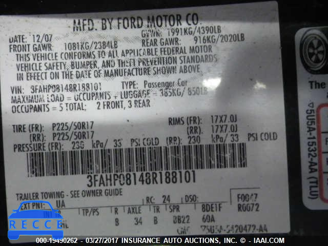 2008 Ford Fusion 3FAHP08148R188101 зображення 8