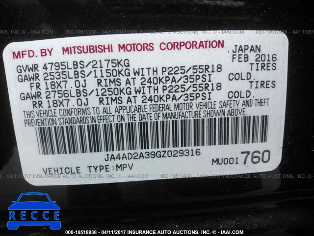 2016 Mitsubishi Outlander JA4AD2A39GZ029316 Bild 8