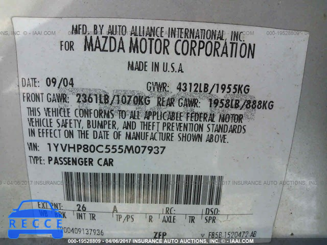 2005 Mazda 6 I 1YVHP80C555M07937 зображення 8