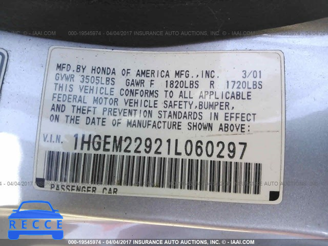 2001 Honda Civic 1HGEM22921L060297 image 8