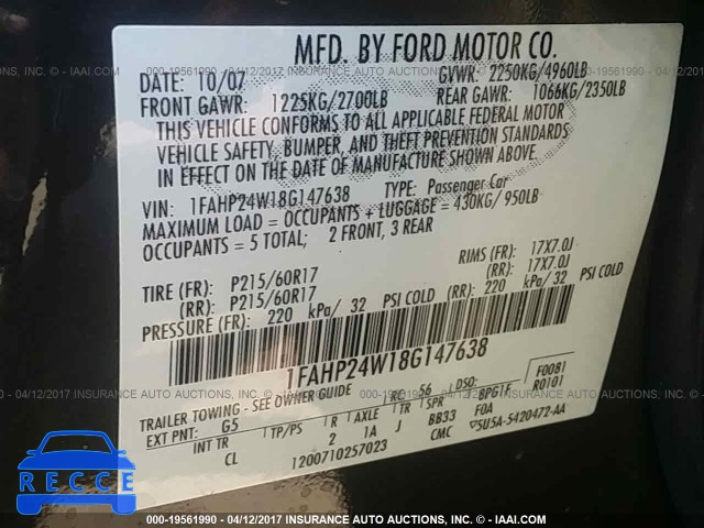 2008 Ford Taurus SEL 1FAHP24W18G147638 image 8